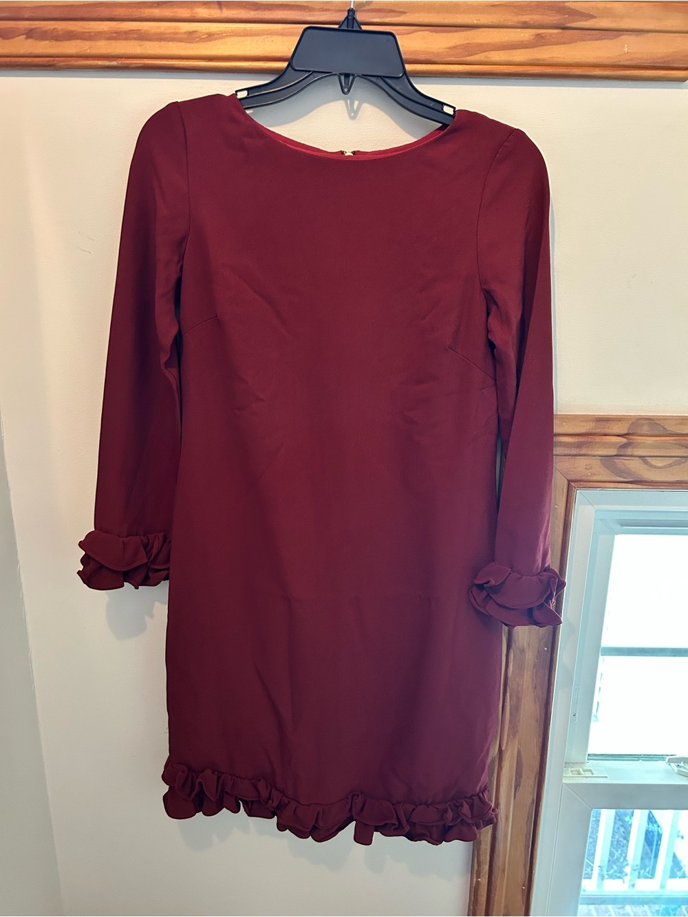 Burgundy Long-Sleeve Ruffle Hem Shift Dress